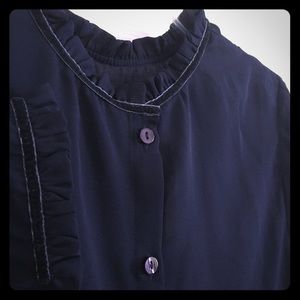 Bongo Sheer Navy Blouse w/ Velvet & Ruffle Detail